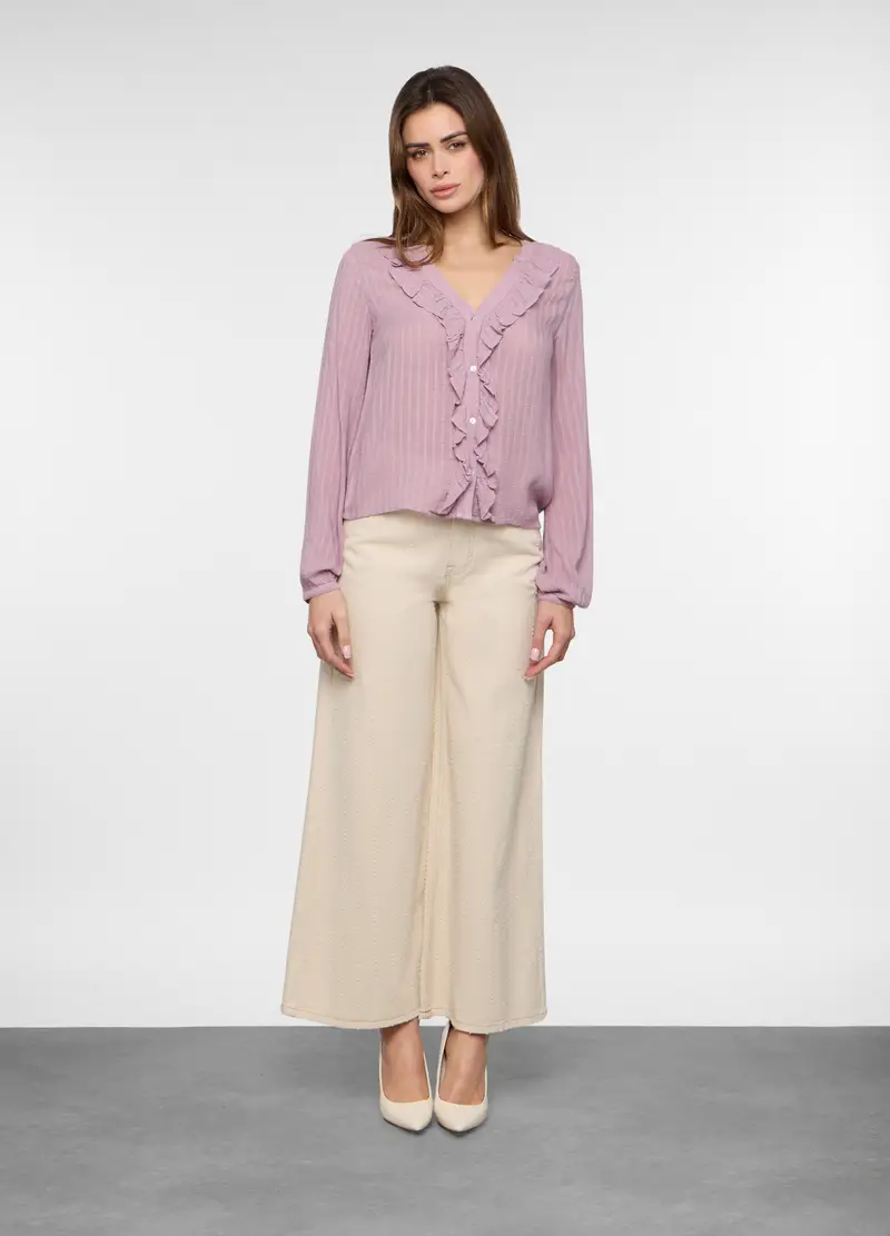 Pantaloni Wide Leg In Denim Di Puro Cotone Donna, Bianco panna