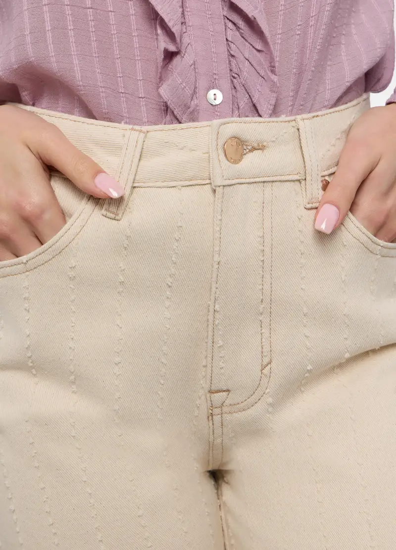 Pantaloni Wide Leg In Denim Di Puro Cotone Donna, Bianco panna miniatura 3