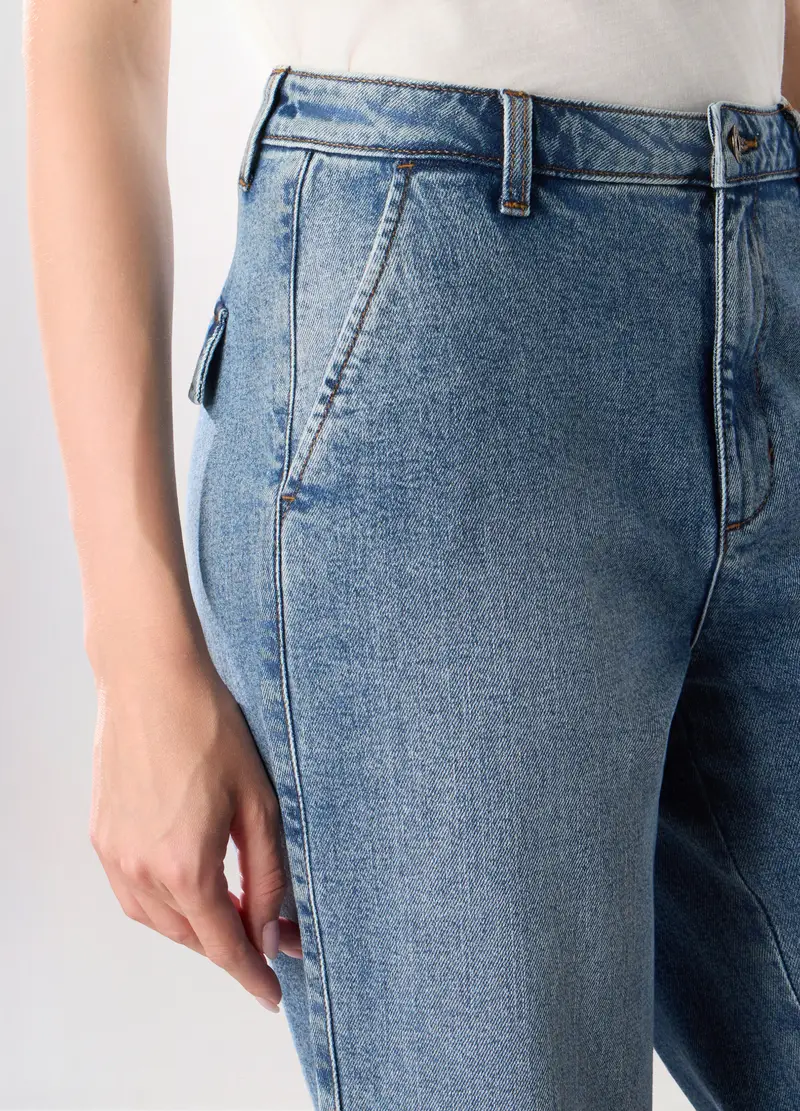 Pantaloni Wide Leg In Denim Di Puro Cotone Donna, Blu chiaro miniatura 3