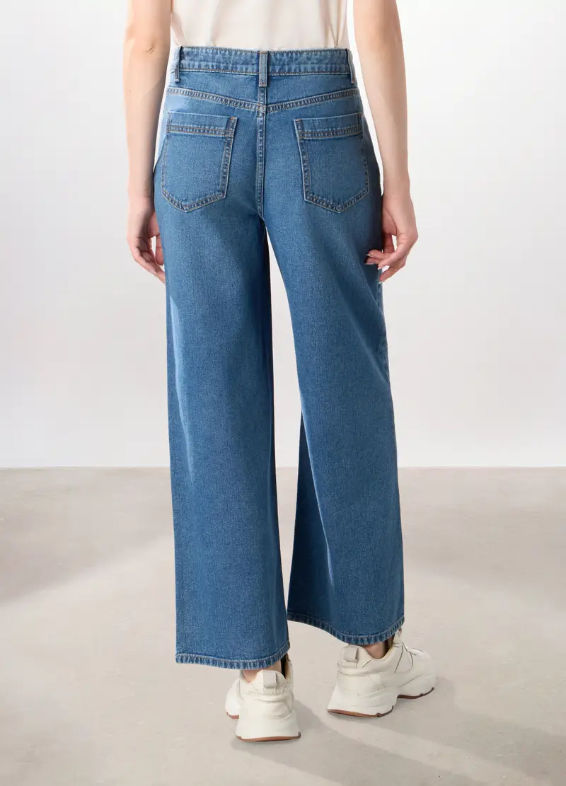 Pantaloni Wide Leg In Denim Di Puro Cotone Donna, Blu denim miniatura 2