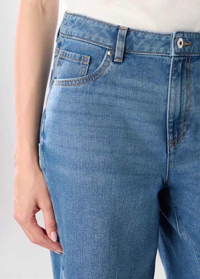 Pantaloni Wide Leg In Denim Di Puro Cotone Donna, Blu denim miniatura 3