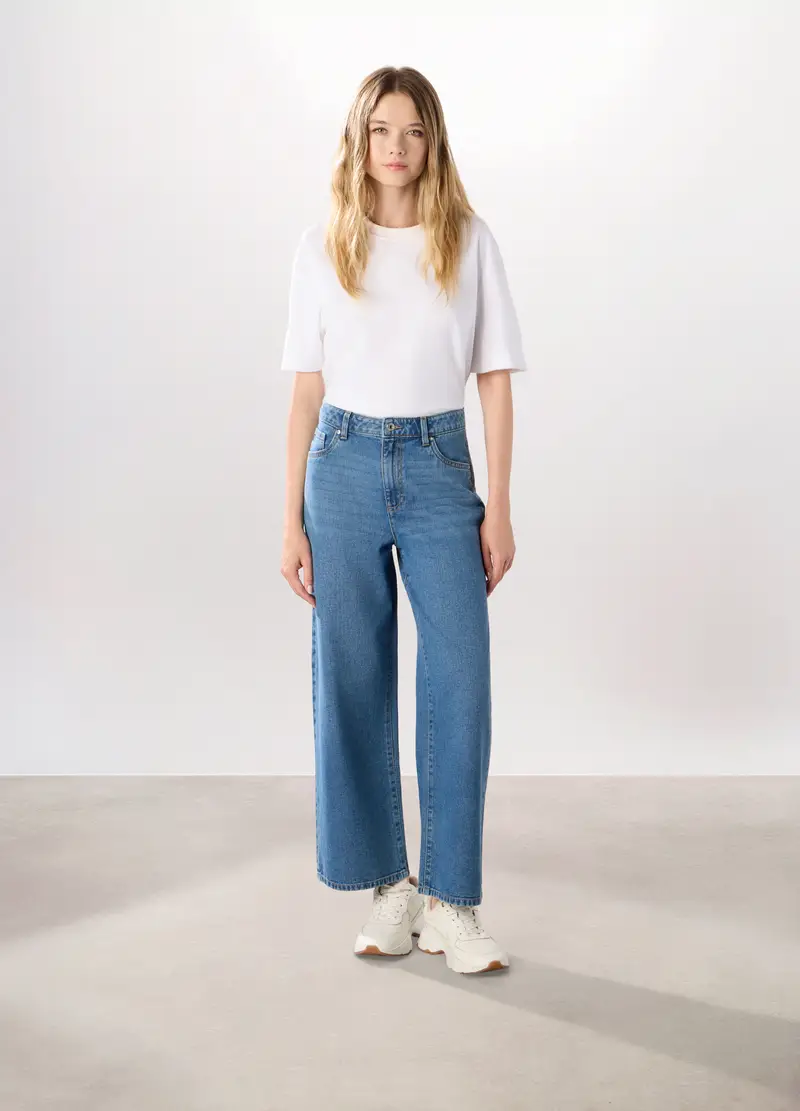 Pantaloni Wide Leg In Denim Di Puro Cotone Donna, Blu denim
