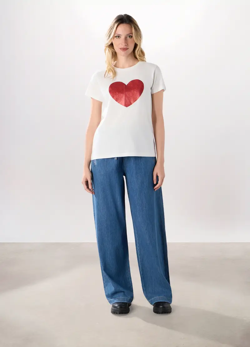 Pantaloni Wide Leg In Denim Di Puro Cotone Donna, Blu denim