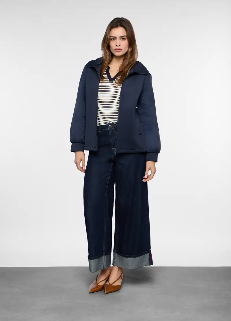 Pantaloni Wide Leg In Denim Di Puro Cotone Donna, Blu denim