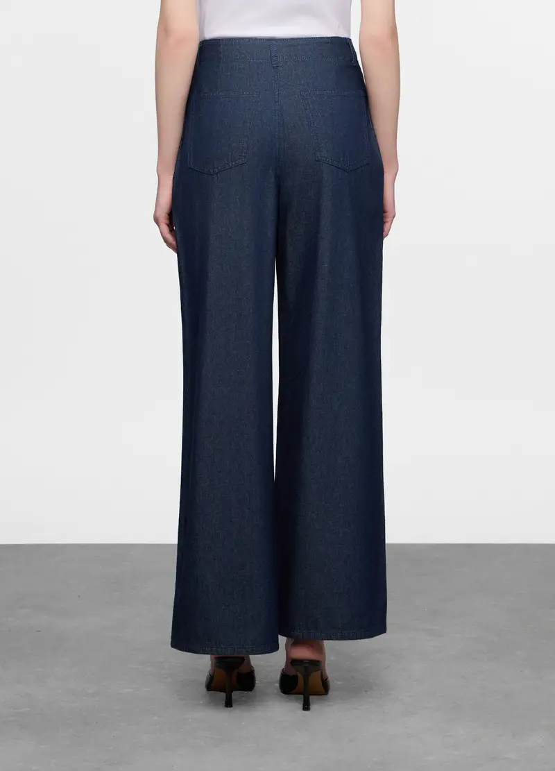 Pantaloni Wide Leg In Denim Di Puro Cotone Donna, Blu denim miniatura 2