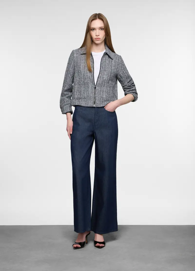 Pantaloni Wide Leg In Denim Di Puro Cotone Donna, Blu denim
