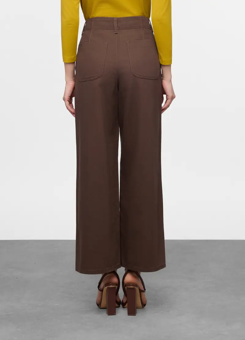 Pantaloni Wide Leg In Denim Di Puro Cotone Donna, Marrone cioccolato miniatura 2