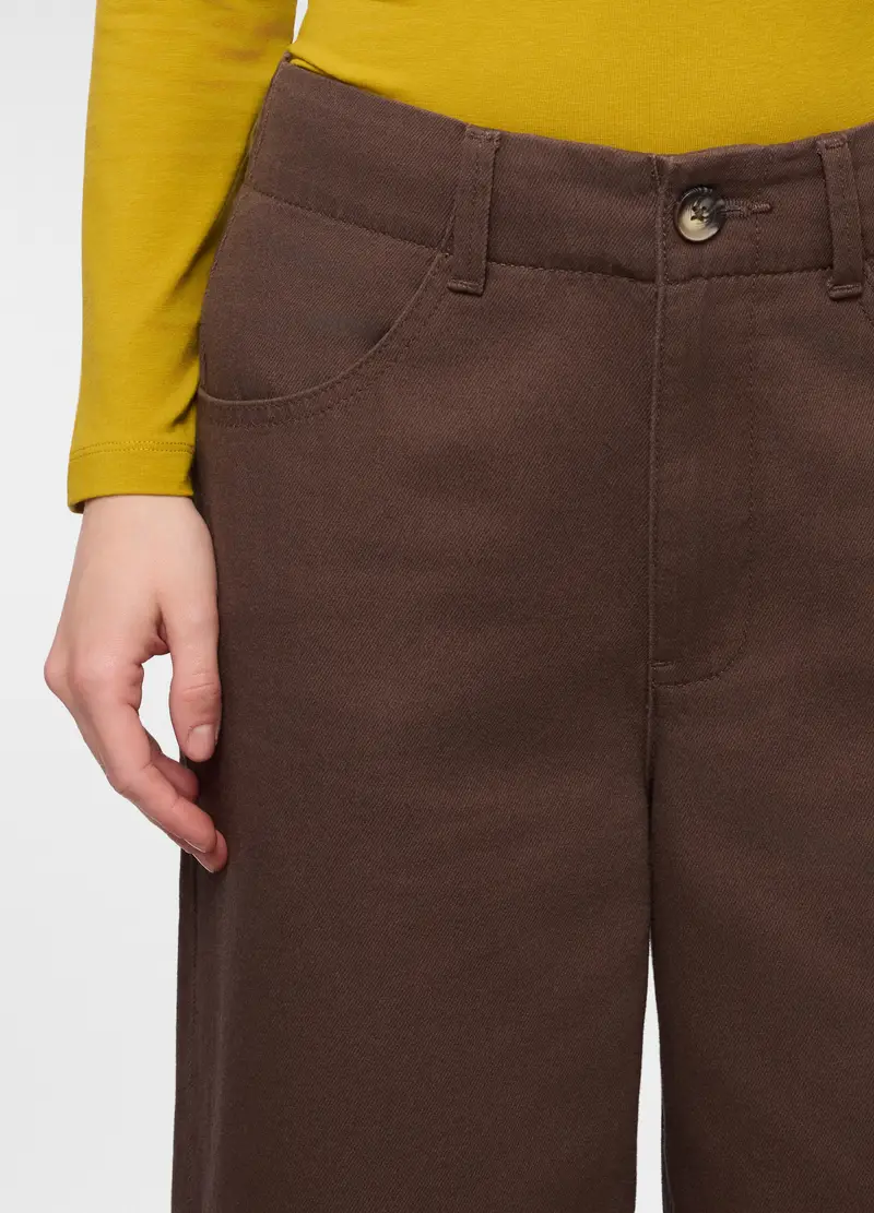 Pantaloni Wide Leg In Denim Di Puro Cotone Donna, Marrone cioccolato miniatura 3