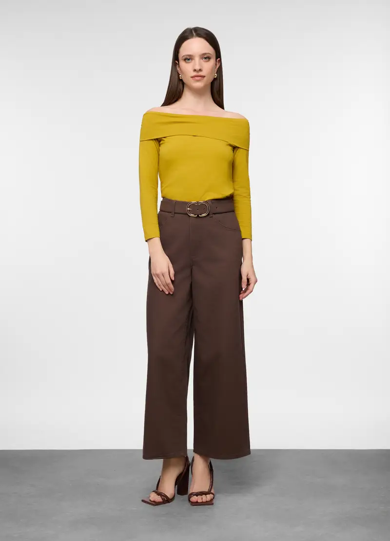 Pantaloni Wide Leg In Denim Di Puro Cotone Donna, Marrone cioccolato