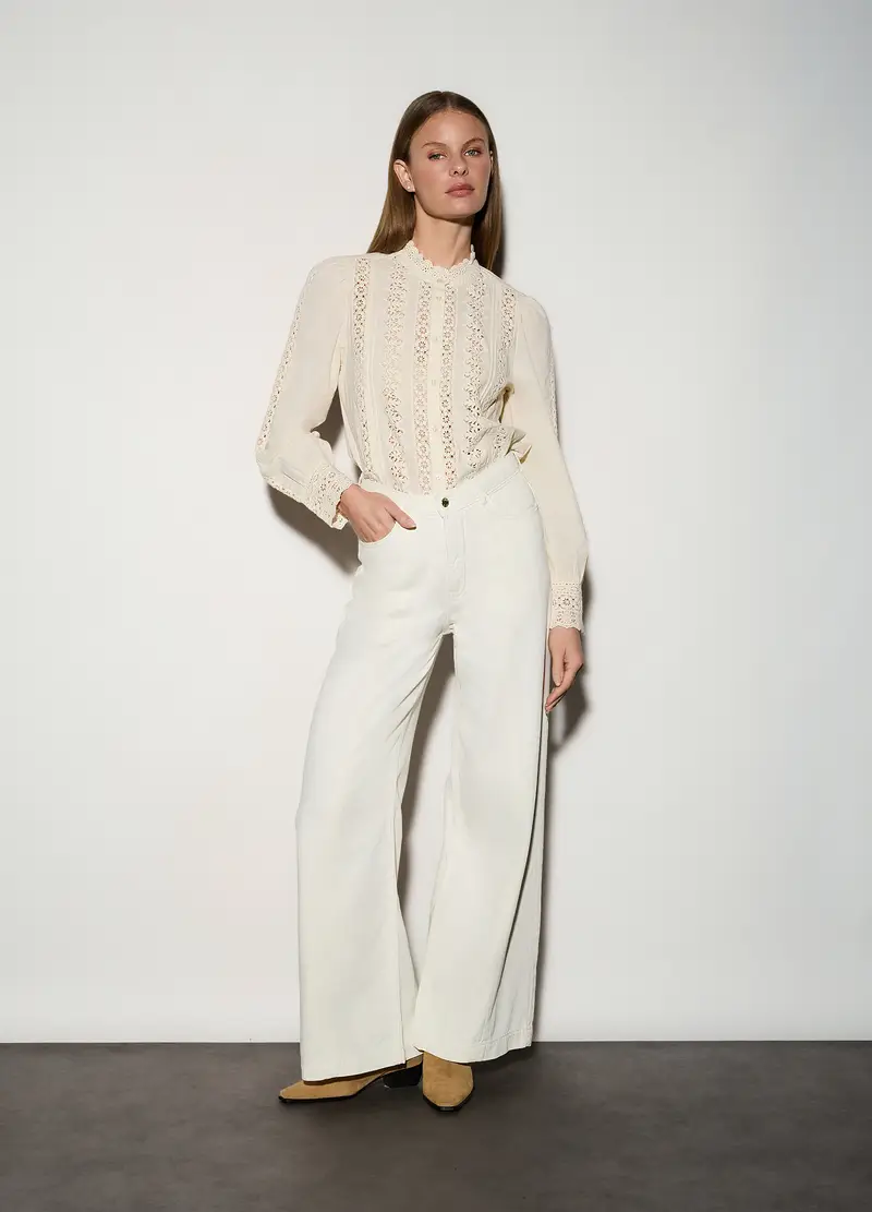 Pantaloni Wide Leg In Denim Donna, Unisex, Bianco gesso