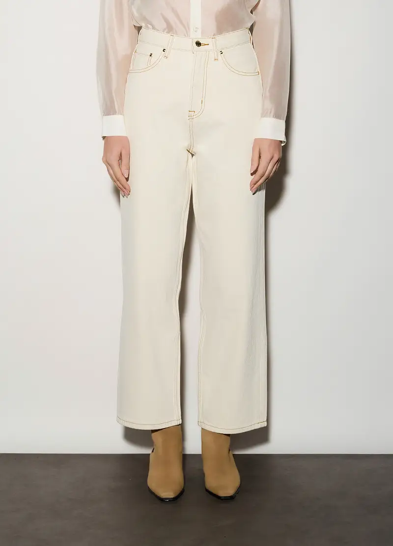 Pantaloni Wide Leg In Denim Donna, Unisex, Bianco panna miniatura 2