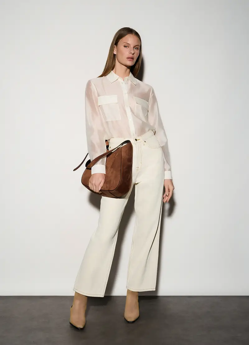 Pantaloni Wide Leg In Denim Donna, Unisex, Bianco panna