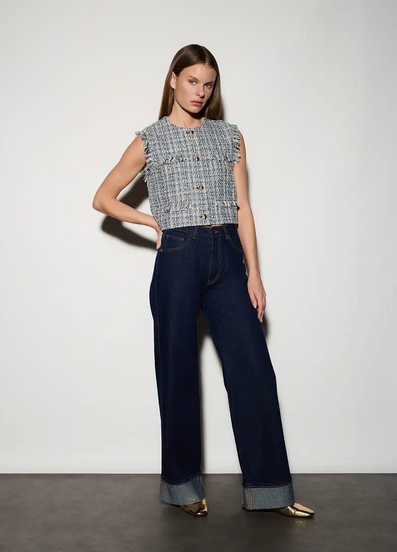 Pantaloni Wide Leg In Denim Donna, Unisex, Blu scuro