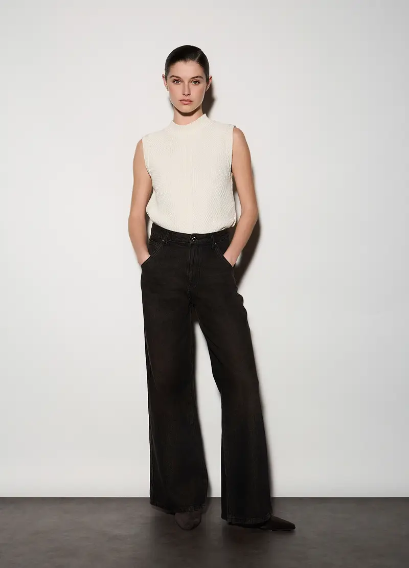 Pantaloni Wide Leg In Denim Donna, Unisex, Marrone scuro