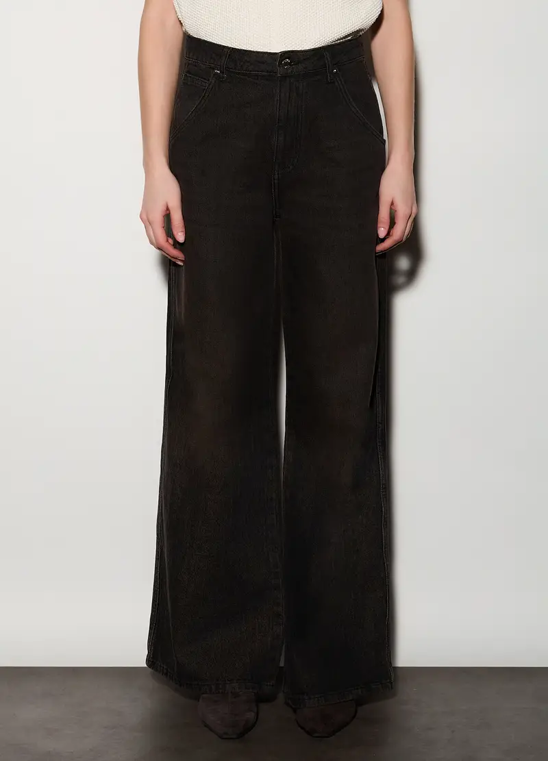 Pantaloni Wide Leg In Denim Donna, Unisex, Marrone scuro miniatura 2