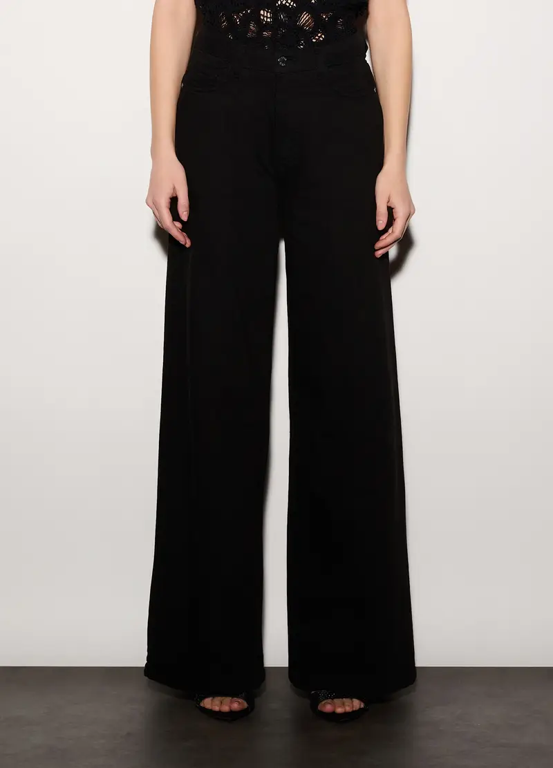Pantaloni Wide Leg In Denim Donna, Unisex, Nero miniatura 2