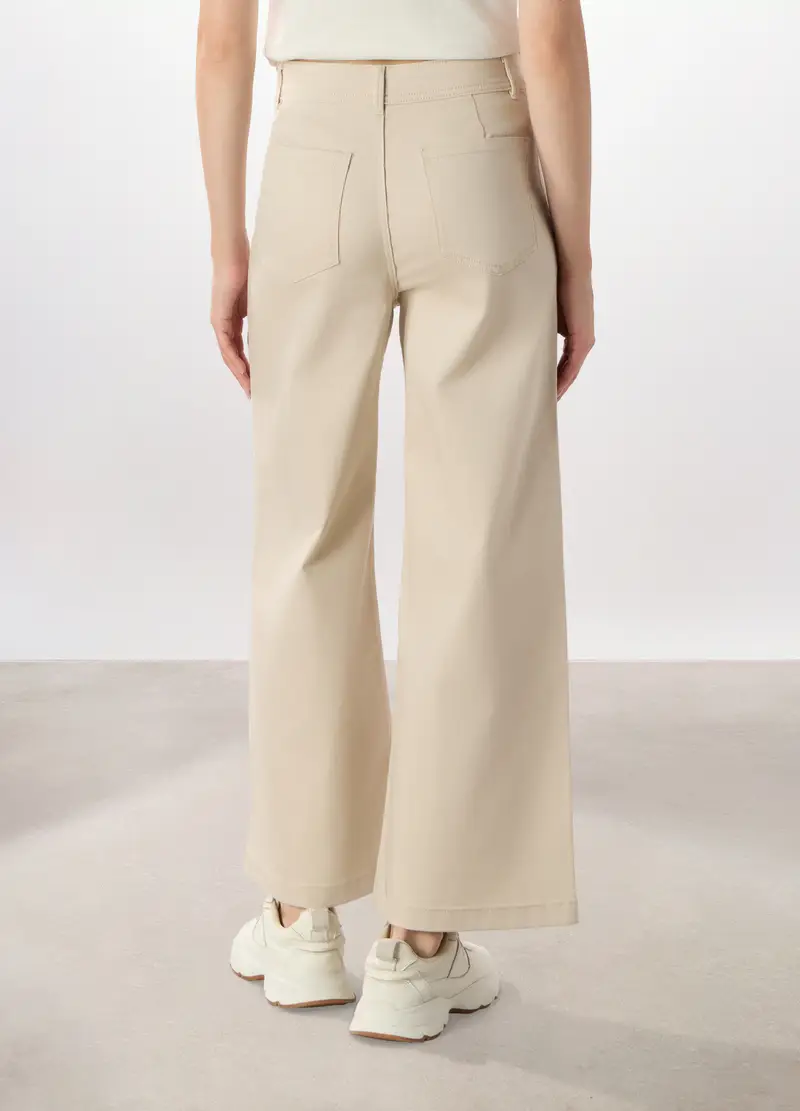 Pantaloni Wide Leg In Denim Misto Cotone Donna, Bianco panna miniatura 2