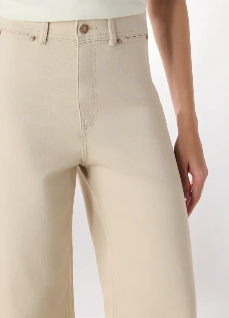Pantaloni Wide Leg In Denim Misto Cotone Donna, Bianco panna miniatura 3