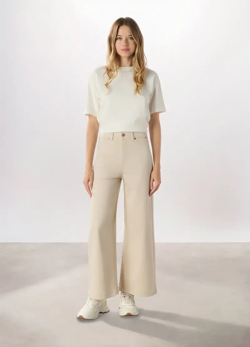 Pantaloni Wide Leg In Denim Misto Cotone Donna, Bianco panna