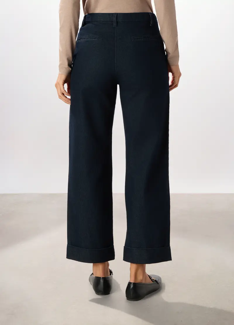 Pantaloni Wide Leg In Denim Misto Cotone Donna, Blu scuro miniatura 2