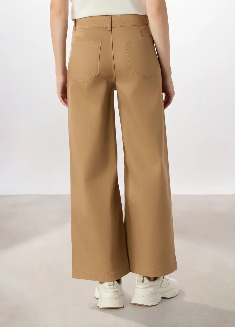 Pantaloni Wide Leg In Denim Misto Cotone Donna, Marrone chiaro miniatura 2