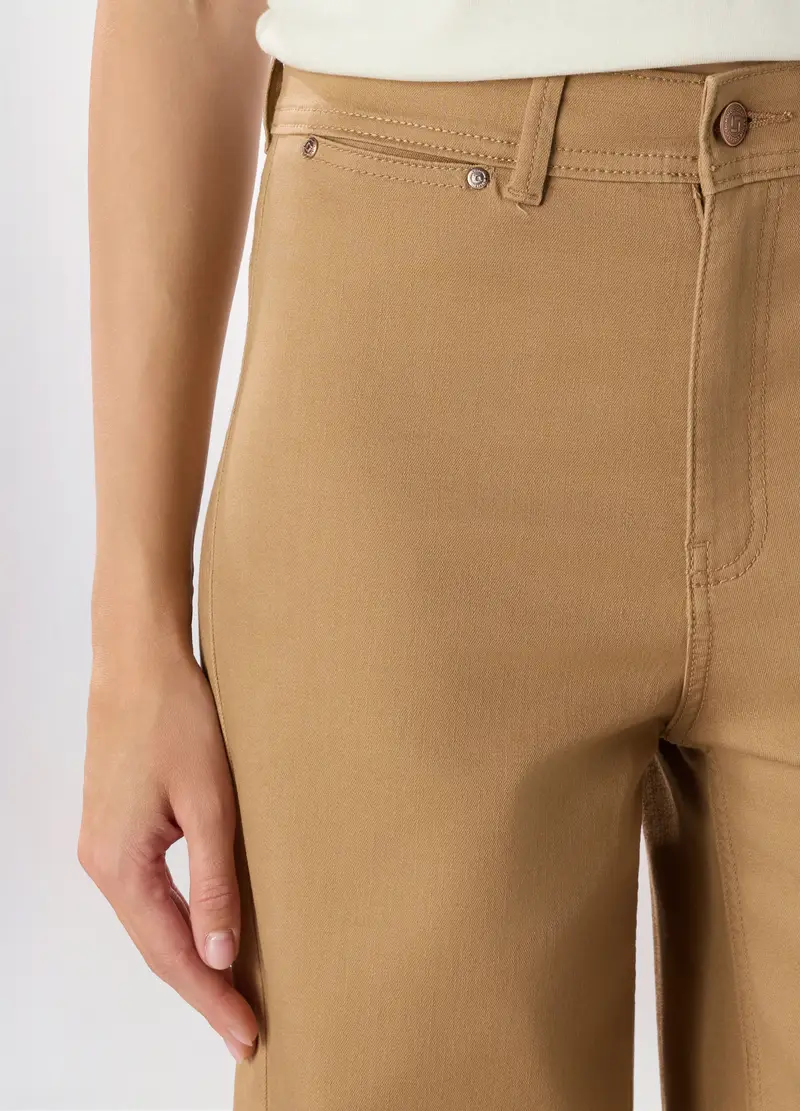 Pantaloni Wide Leg In Denim Misto Cotone Donna, Marrone chiaro miniatura 3