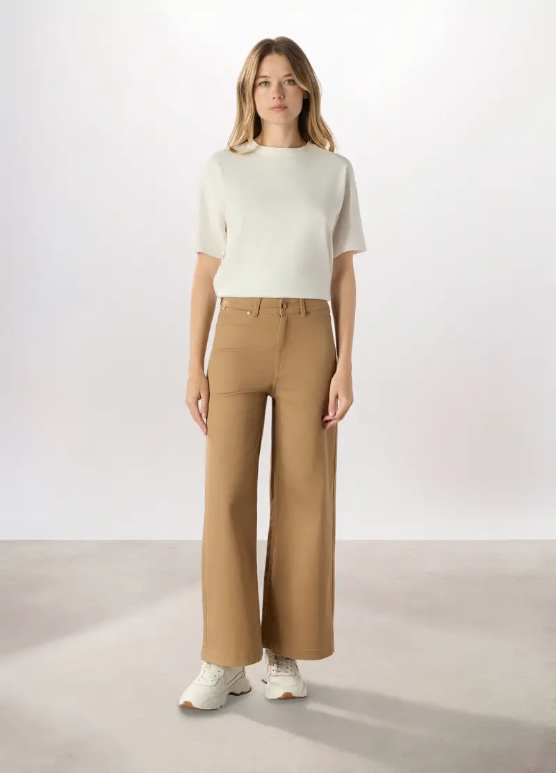 Pantaloni Wide Leg In Denim Misto Cotone Donna, Marrone chiaro