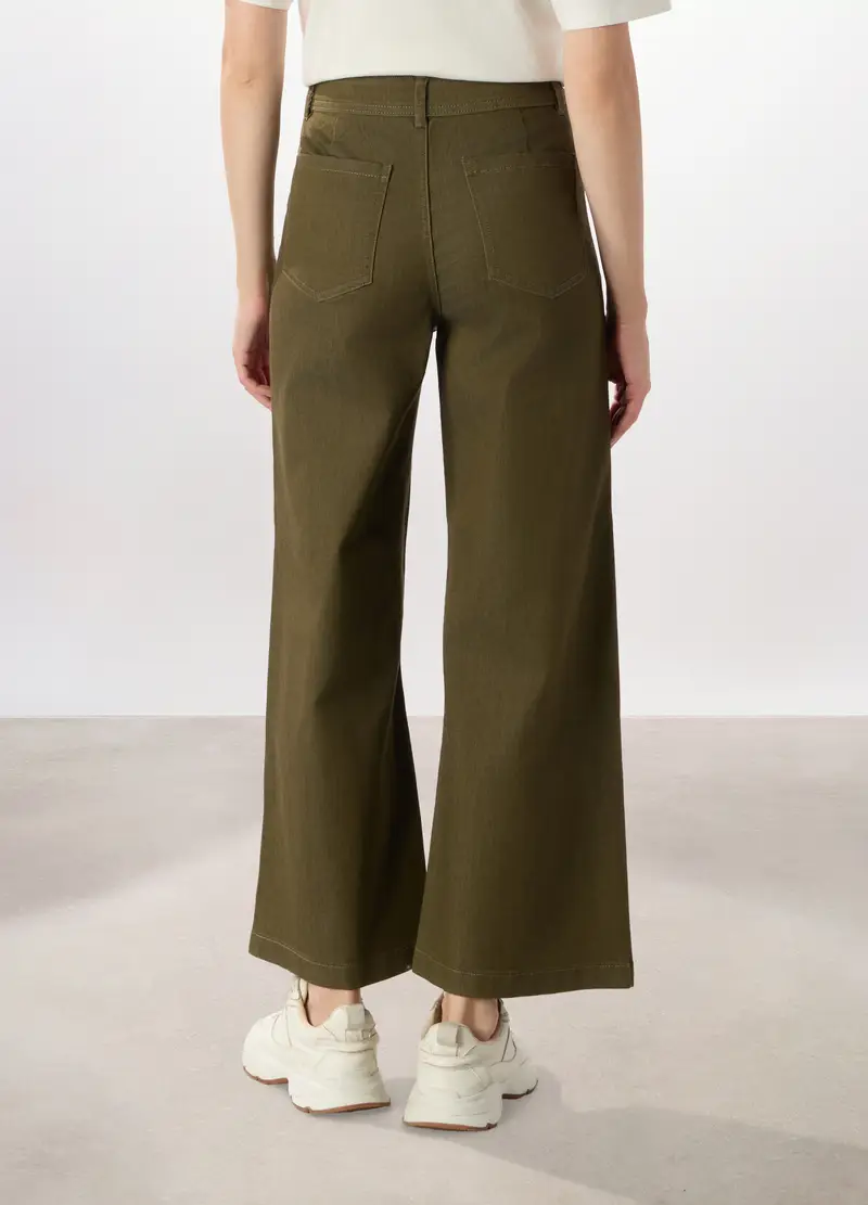 Pantaloni Wide Leg In Denim Misto Cotone Donna, Verde oliva miniatura 2