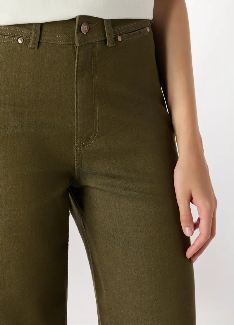 Pantaloni Wide Leg In Denim Misto Cotone Donna, Verde oliva miniatura 3