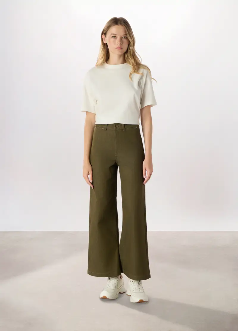 Pantaloni Wide Leg In Denim Misto Cotone Donna, Verde oliva