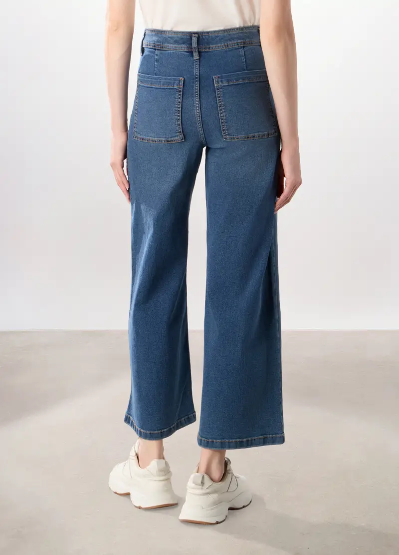 Pantaloni Wide Leg In Denim Misto Cotone Stretch, Donna, Blu denim miniatura 2