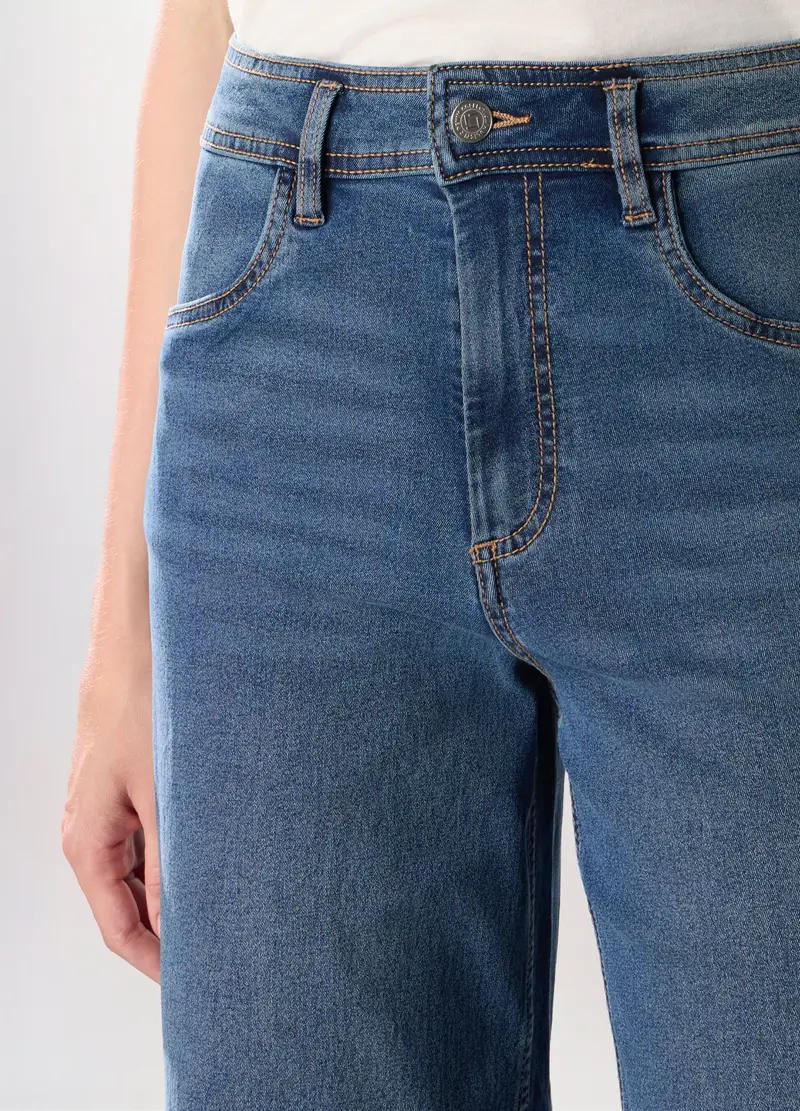 Pantaloni Wide Leg In Denim Misto Cotone Stretch, Donna, Blu denim miniatura 3