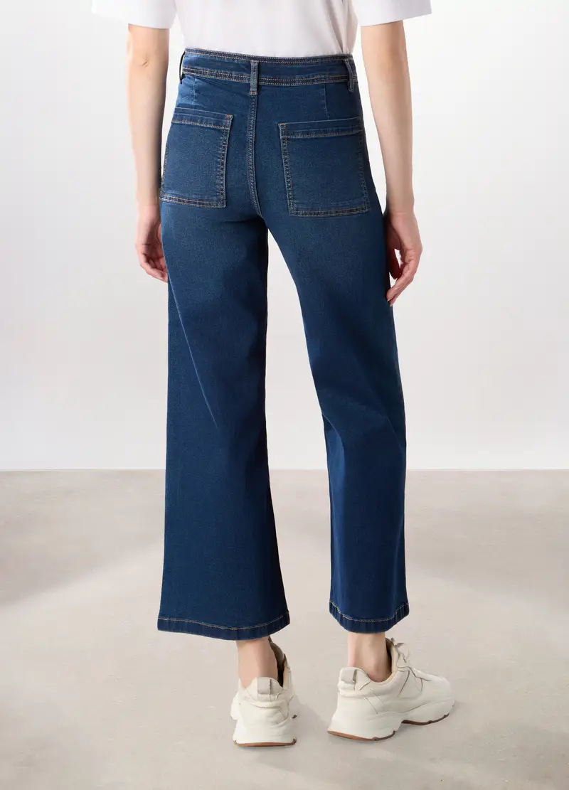 Pantaloni Wide Leg In Denim Misto Cotone Stretch, Donna, Blu scuro miniatura 2