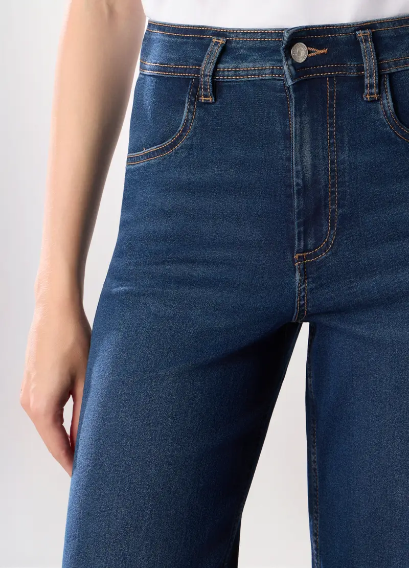 Pantaloni Wide Leg In Denim Misto Cotone Stretch, Donna, Blu scuro miniatura 3