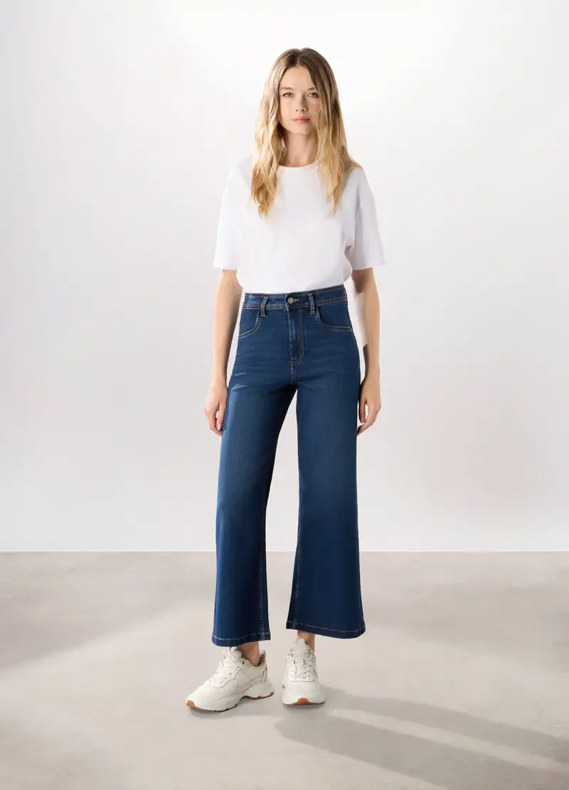 Pantaloni Wide Leg In Denim Misto Cotone Stretch, Donna, Blu scuro