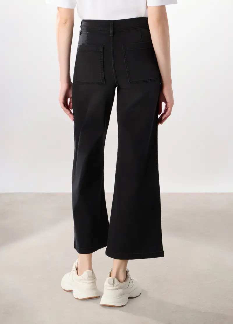 Pantaloni Wide Leg In Denim Misto Cotone Stretch, Donna, Nero miniatura 2