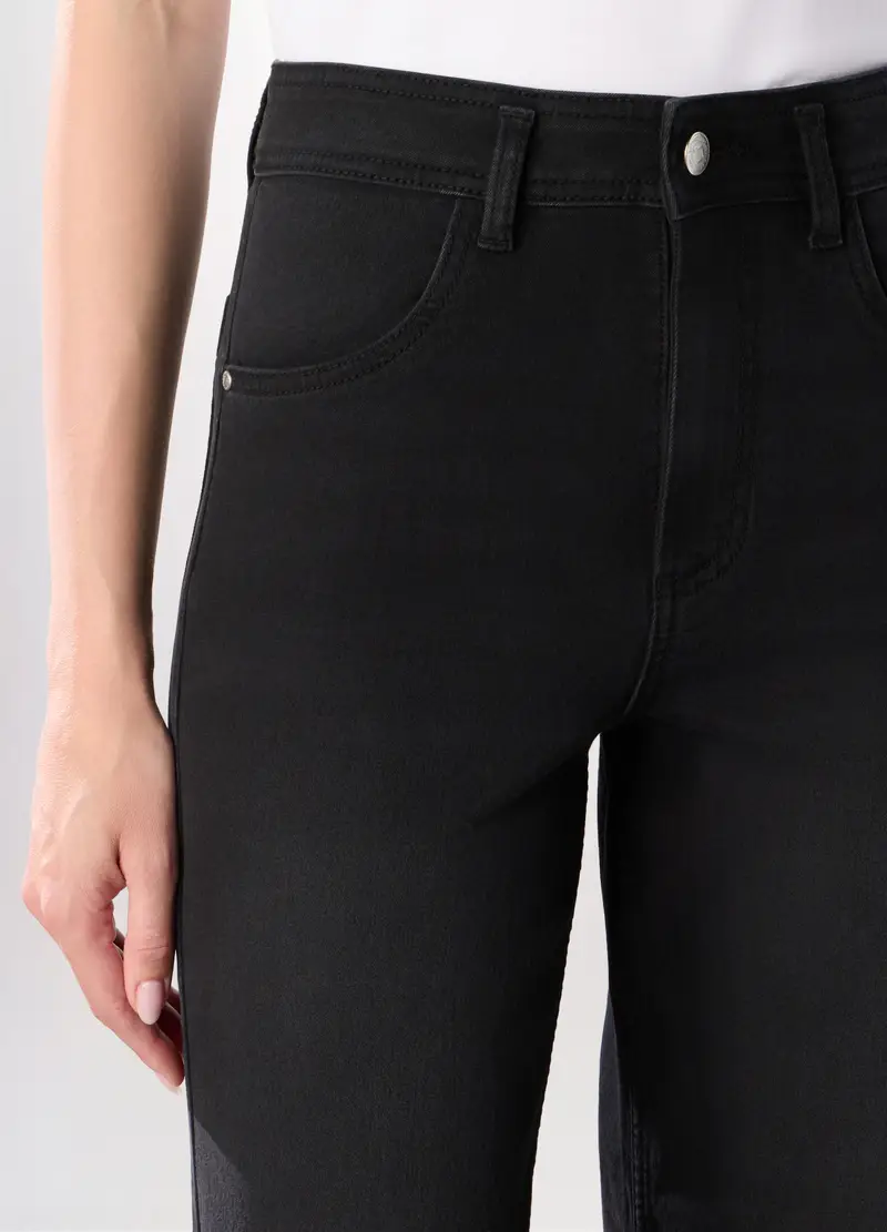 Pantaloni Wide Leg In Denim Misto Cotone Stretch, Donna, Nero miniatura 3