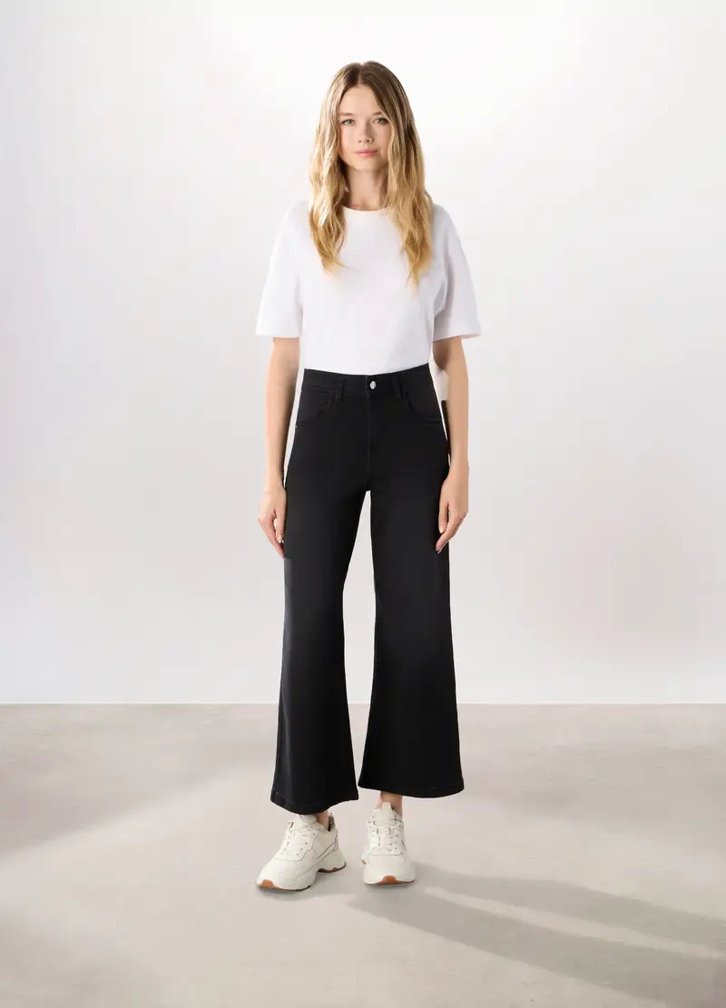 Pantaloni Wide Leg In Denim Misto Cotone Stretch, Donna, Nero