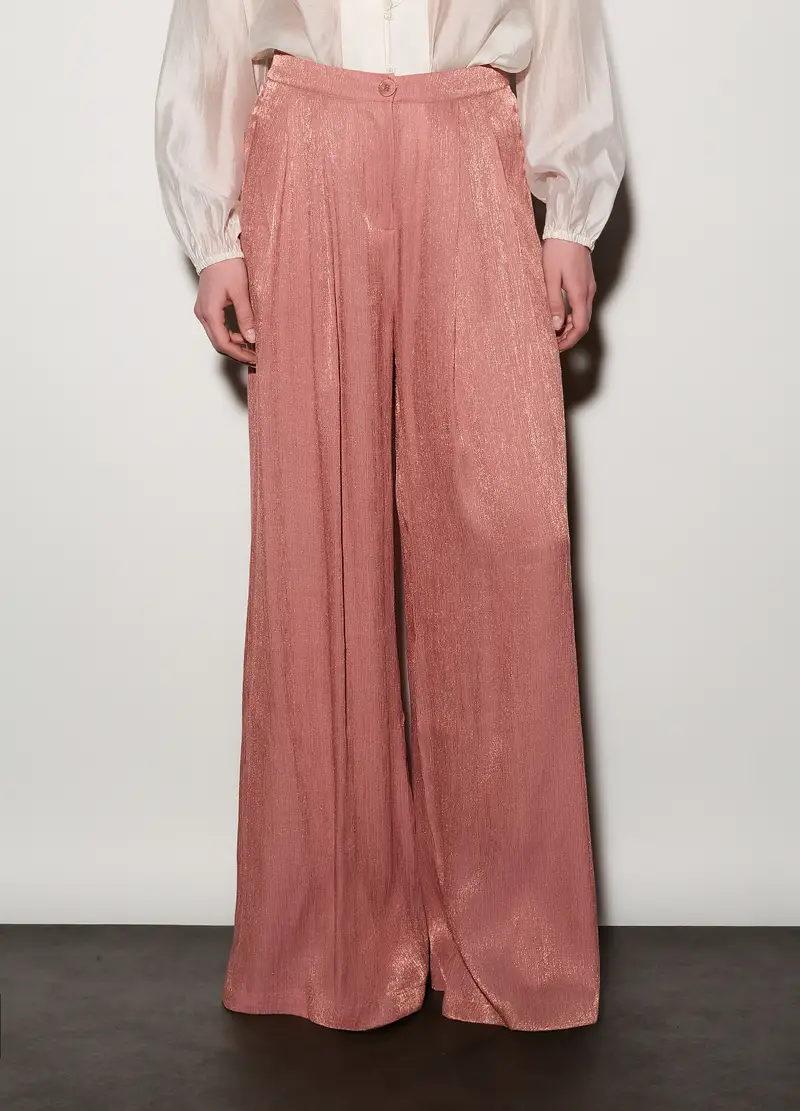 Pantaloni Wide Leg In Raso Plissé Donna, Unisex, Rosa pastello miniatura 2
