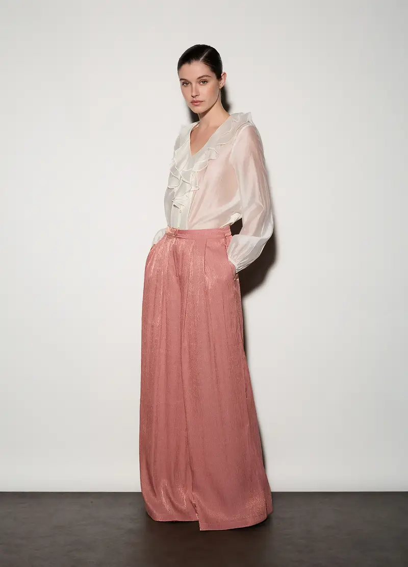 Pantaloni Wide Leg In Raso Plissé Donna, Unisex, Rosa pastello