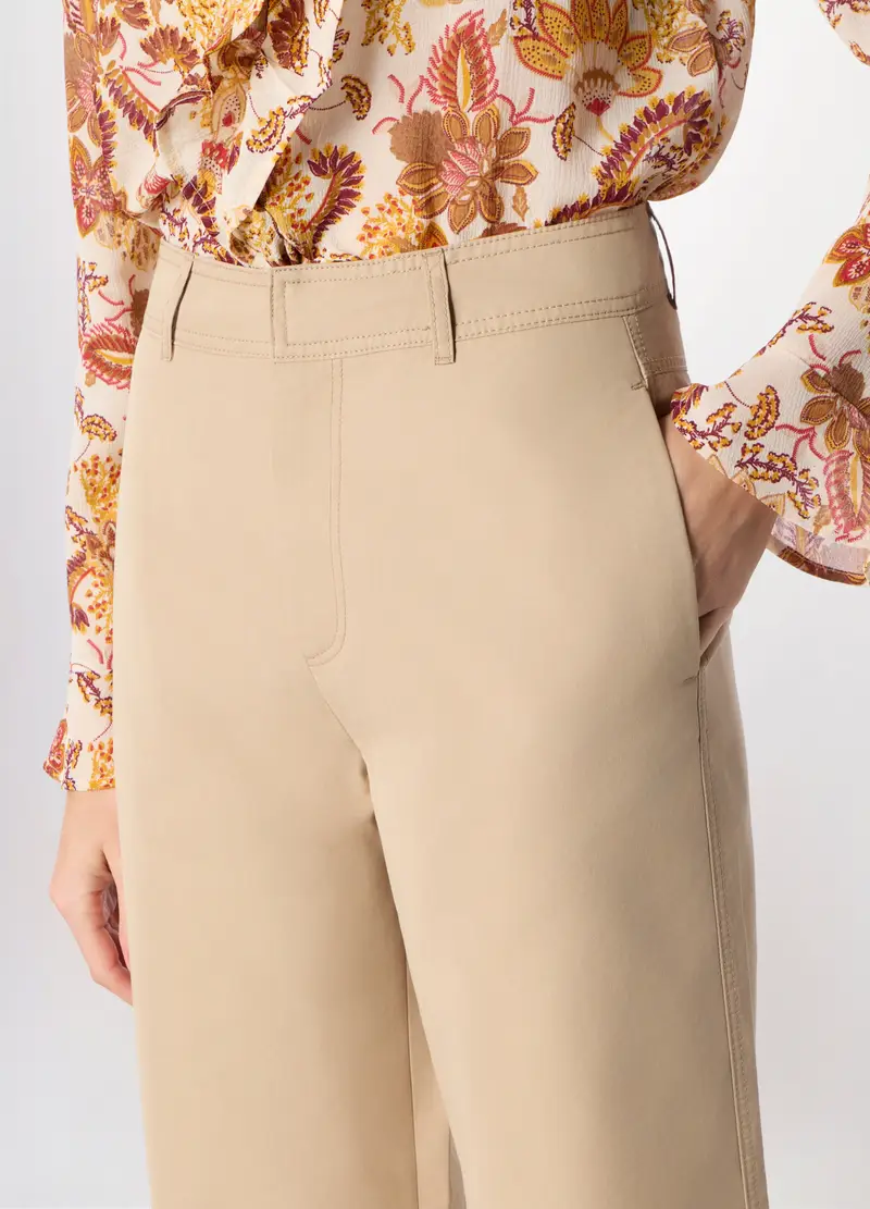 Pantaloni Wide Leg In Twill Misto Cotone Donna, Beige chiaro miniatura 3