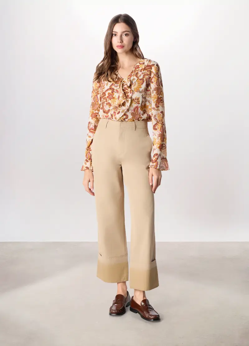 Pantaloni Wide Leg In Twill Misto Cotone Donna, Beige chiaro