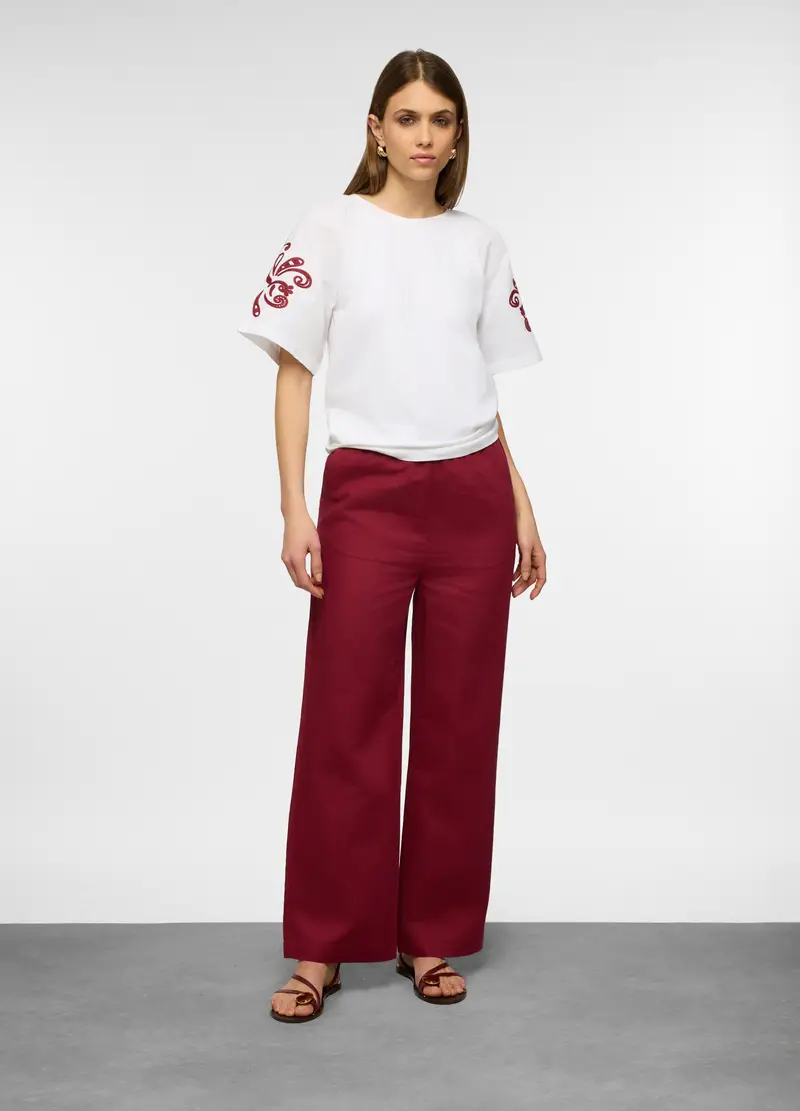Pantaloni Wide Leg Misto Lino Donna, Rosso scuro
