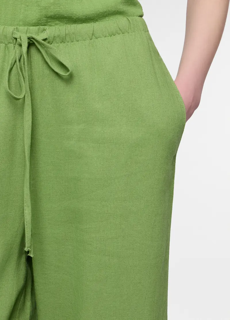 Pantaloni Wide Leg Misto Lino Donna, Verde foglia miniatura 3