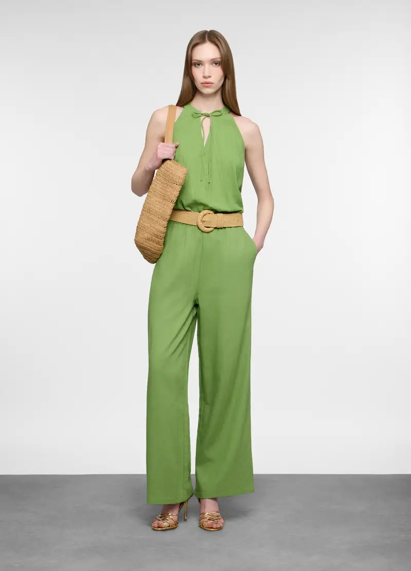 Pantaloni Wide Leg Misto Lino Donna, Verde foglia