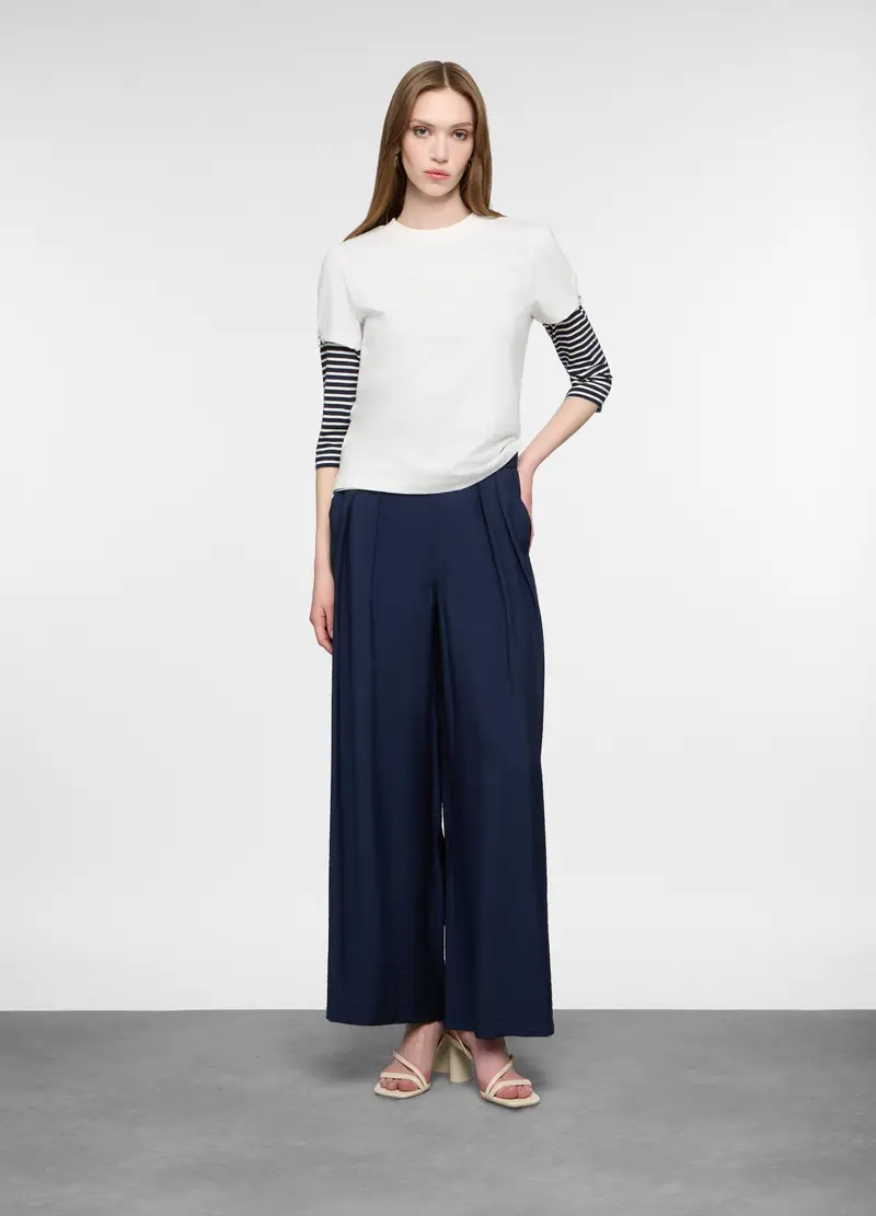 Pantaloni Wide Leg Misto Viscosa Donna, Blu scuro
