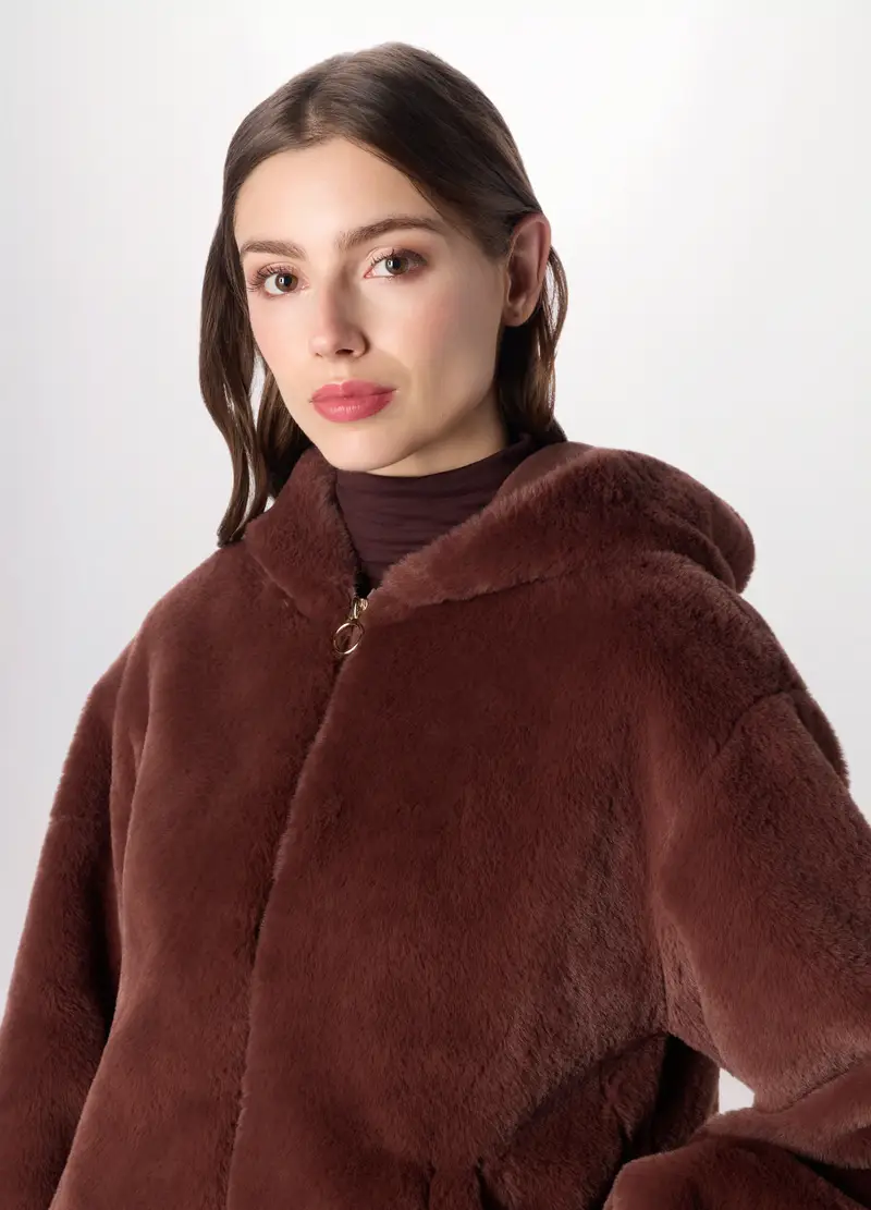 Pelliccia In Eco Fur Con Cappuccio Donna, Marrone cioccolato miniatura 3
