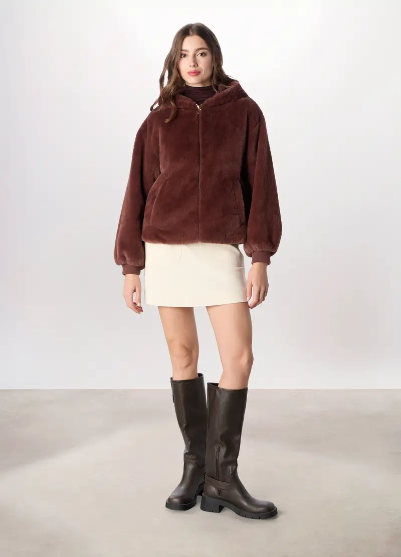 Pelliccia In Eco Fur Con Cappuccio Donna, Marrone cioccolato