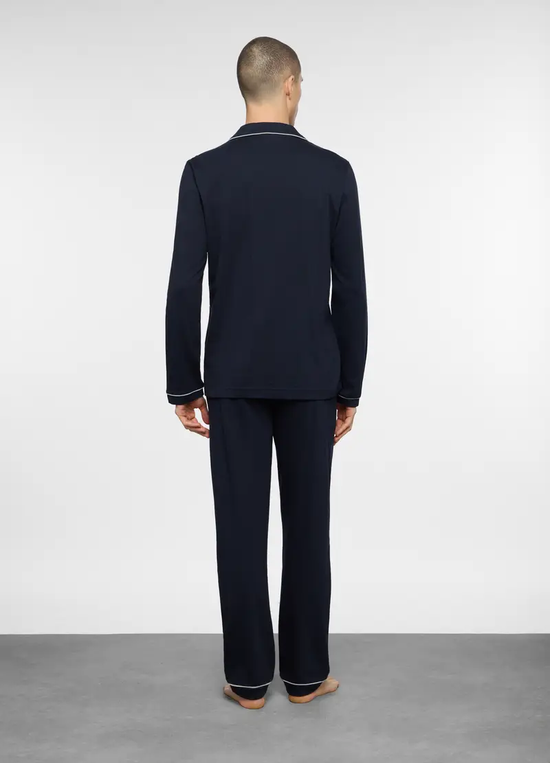 Pigiama Lungo A Camicia In Cotone Uomo, Blu scuro miniatura 2