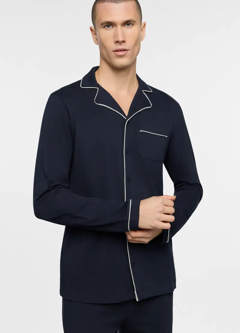 Pigiama Lungo A Camicia In Cotone Uomo, Blu scuro miniatura 3
